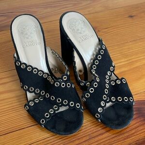 Vince Camuto Maisy Black Suede Gold Grommet Block Heel Sandals Size 36